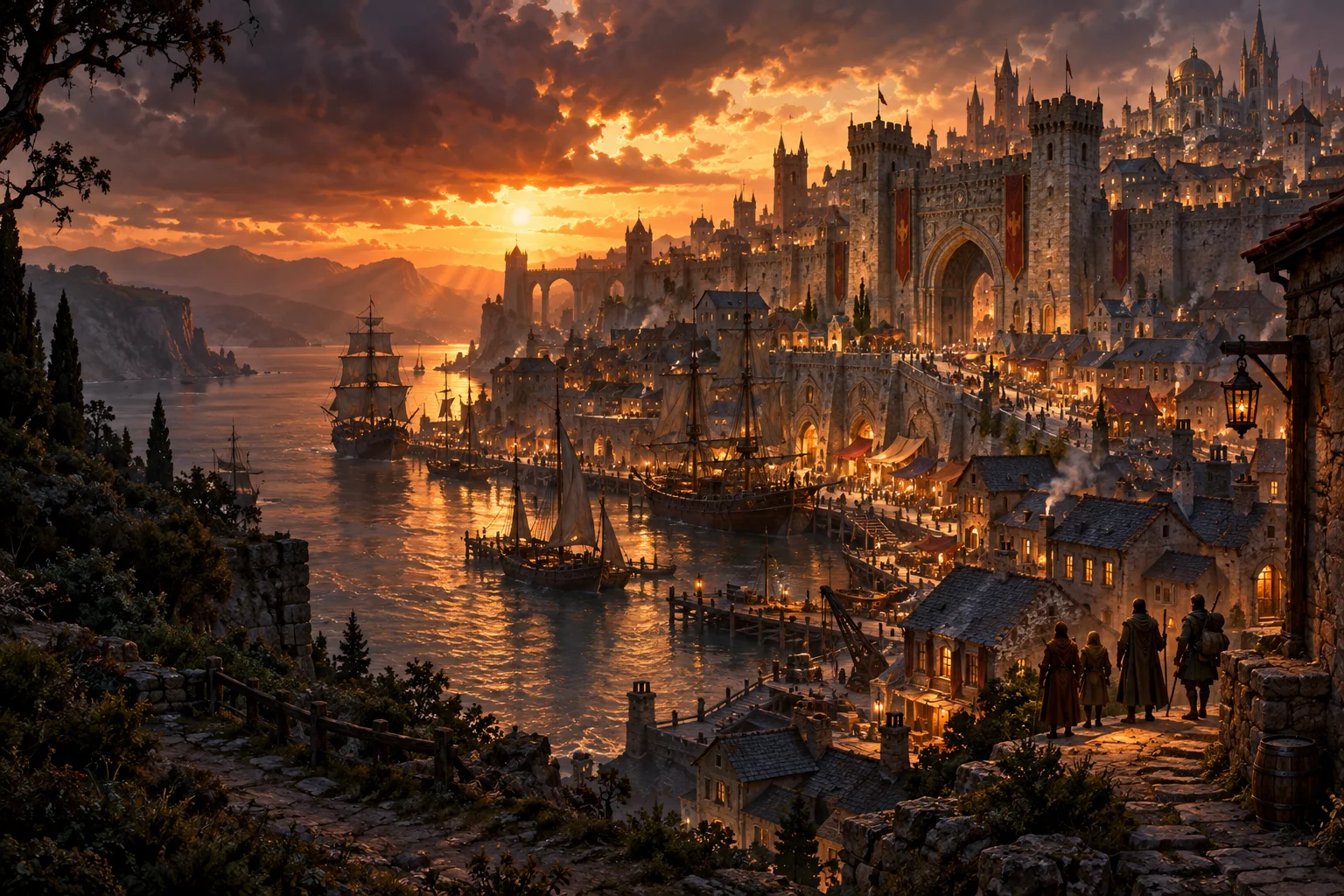 Original imagined copper-lit harbour city, great stone gate and anonymous travellers at dusk; an AI-generated tribute, not an official Baldur’s Gate location