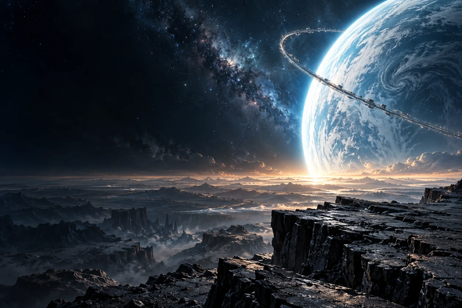 Original cosmic landscape with a blue planet and orbital structure above an alien moon; an imagined tribute, not a game location