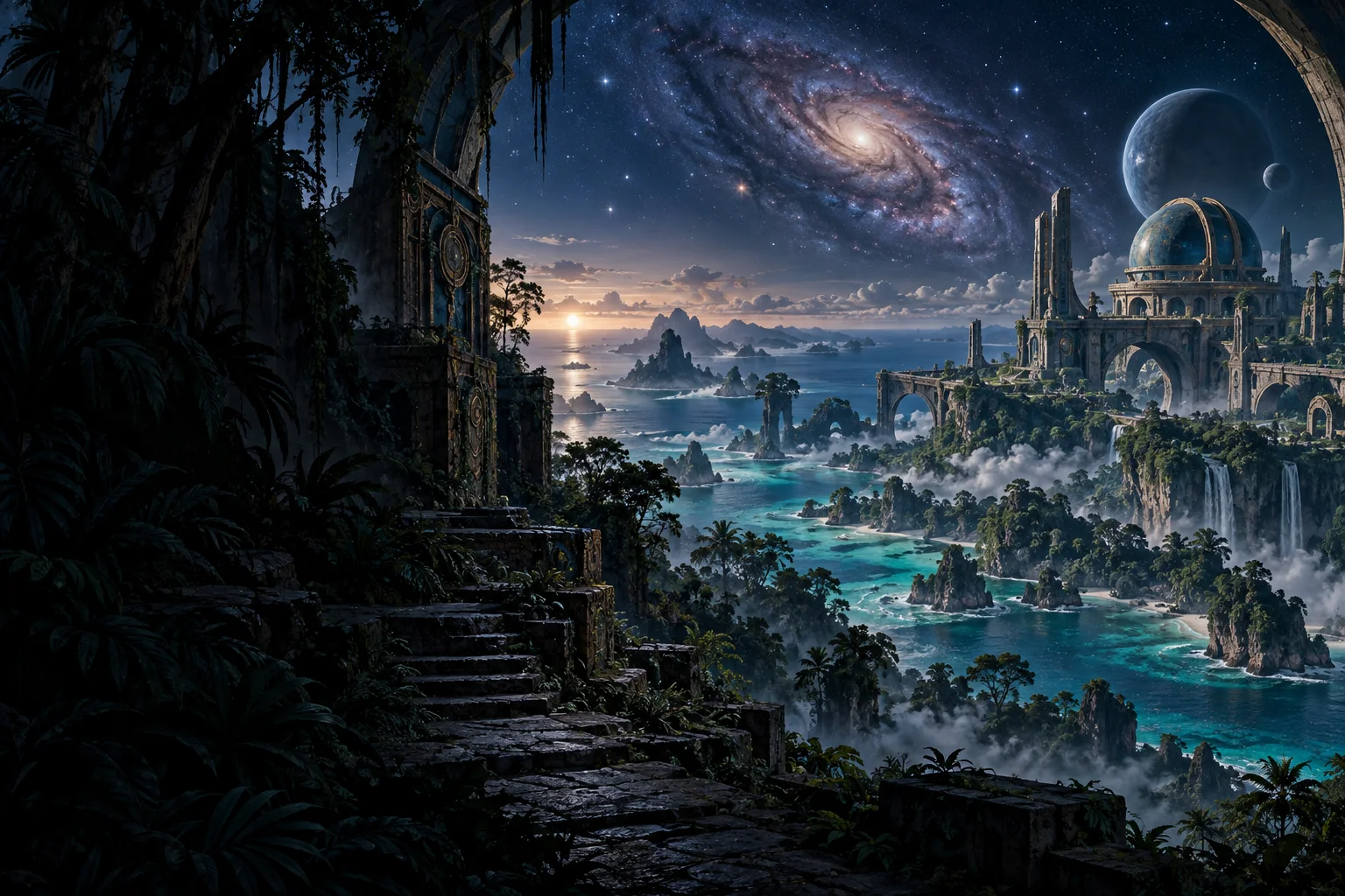 Original imagined ancient galactic observatory above a teal ocean and jungle ruins; an AI-generated tribute, not an official Star Wars game location