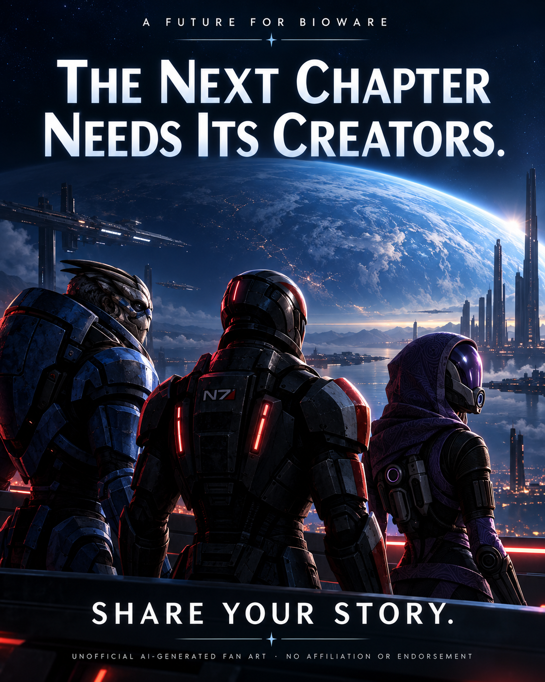 Fan art poster: The next chapter needs its creators. Share your story. Unofficial AI-generated fan art; no affiliation or endorsement.